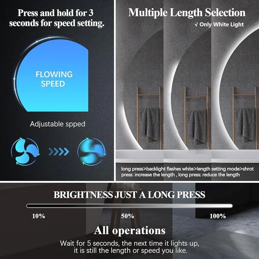 35 Inch Half Moon LED Mirror Backlit Anti-Fog Touch Control Frameless Vanity Mirror Bathroom Entryway