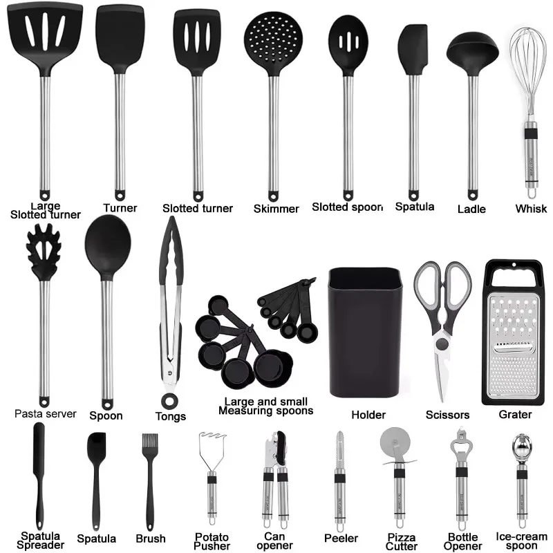 Kitchen Utensil Set-Silicone Cooking Utensils-33 Kitchen Gadgets & Spoons for Nonstick Cookware-Silicone and Stainless