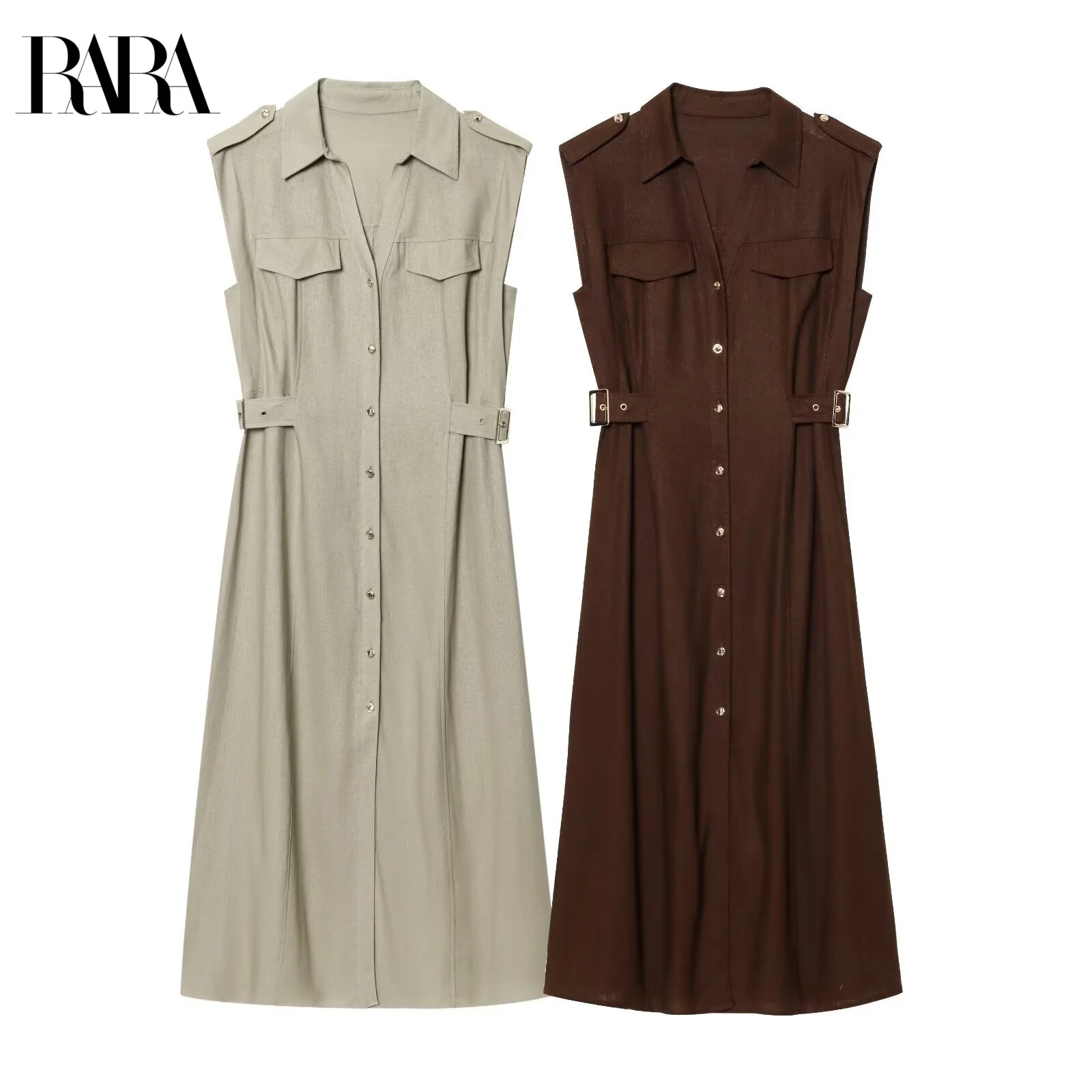 

RARA2025 New Summer Women's Casual Fashion Slim Waist Sleeveless Single-breasted Long Shirt-style V-neck Dress