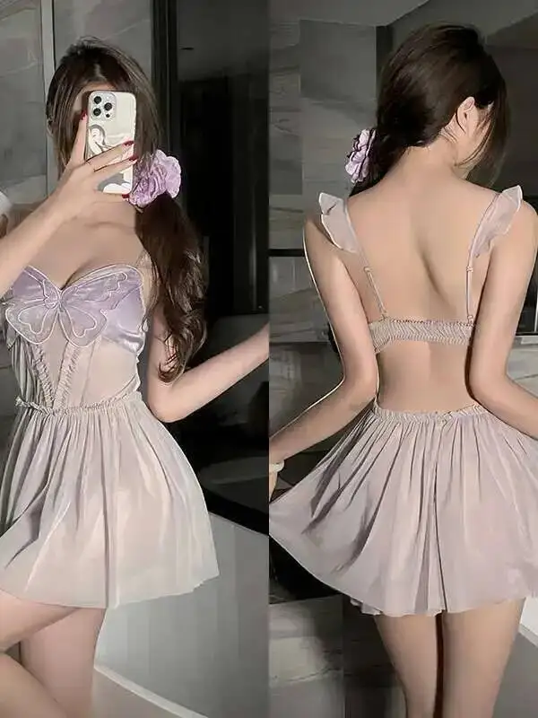 Nuovo puro desiderio cinturino sexy casa camicia da notte farfalla di pizzo sottile maglia trasparente abito corto senza schienale elegante abito dolce viola ZRK8