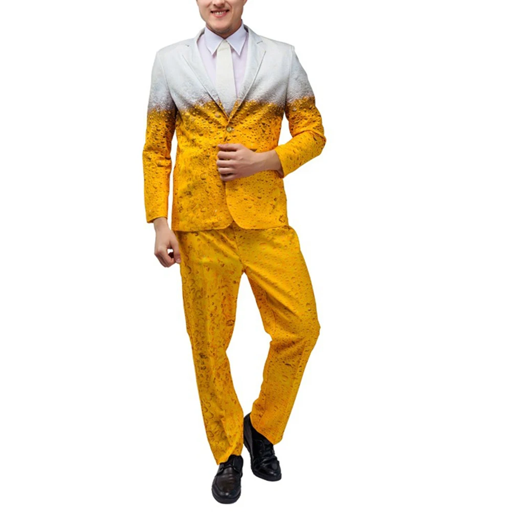 Oktoberfest Suit for Men, Funny Humour Beer Costume Set, Yellow Jacket Pants, Lapel Neckline, Casual Style, Slight Stretch