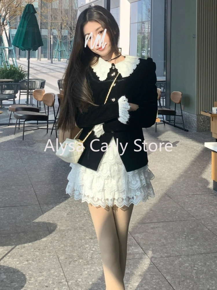 Elegant Velvet 2 Piece Dress Set Women 2023 Winter Vintage Party Korean Style Suits Long Sleeve Velvet Tops + Casual Lace Skirt