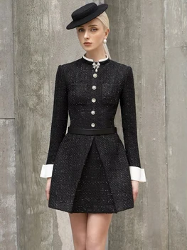 Sarto piccolo abito nero autunno inverno femminile abiti semi-formali di lusso leggero abito principessa in tweed nero taglie forti