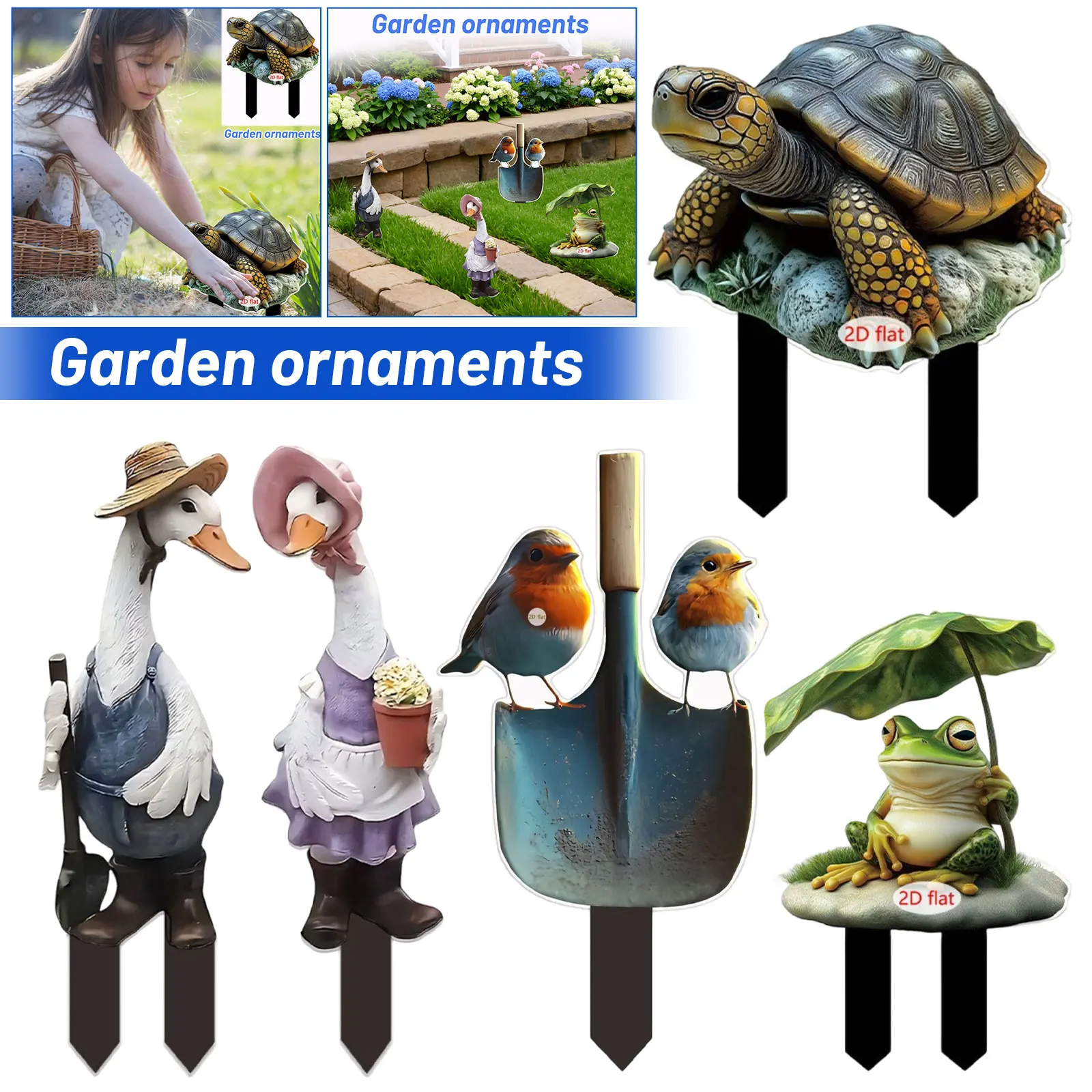 2D Flat Acrylic Animals Garden Decorations Cute Frog, Duck, Turtle Animal Garden Stakes Home Countyard Decoration