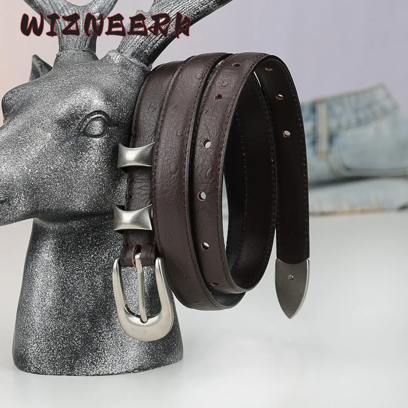 حزام جلد من WIZNEERK للسيدات بنمط النعام، إبزيم دبوسي للشباب، حزام عريض غير رسمي، ملابس رسمية على الطراز الكوري، مخصصة