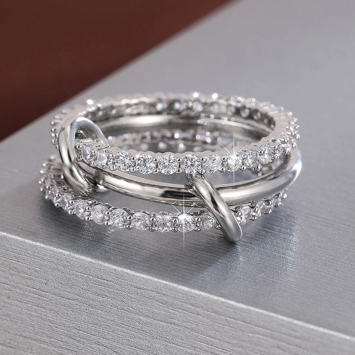 Exquisite Trendy Interlocking Stackable Rings Women Statement Multiple Layers Ring with Cubic Zirconia Stacking Jewelry