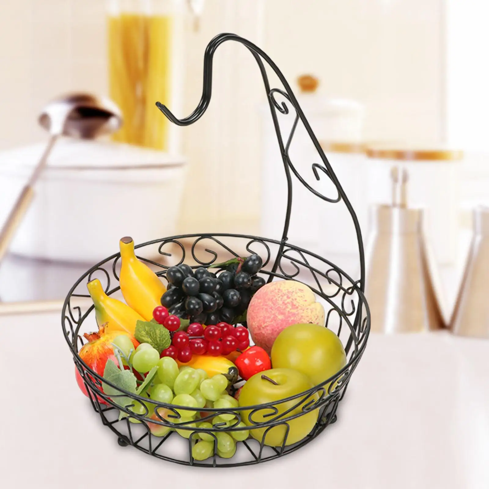 Iron Fruit Basket with Banana Hanger Keeps Bananas from Bruising Black