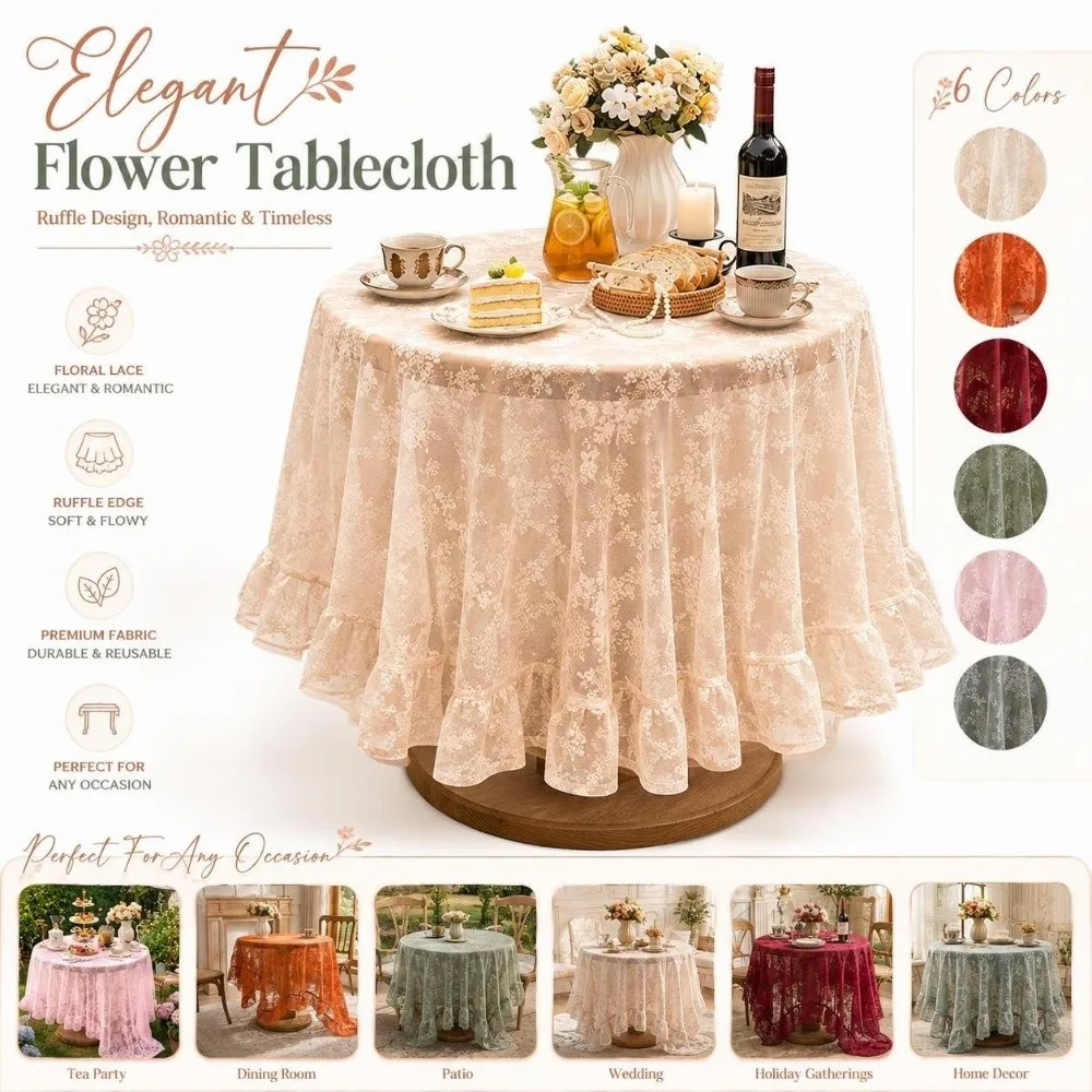 French Retro Party Tablecloth Ruffle Rectangular Dining Table Cloth Flower Pattern Valentine's Day Decorations