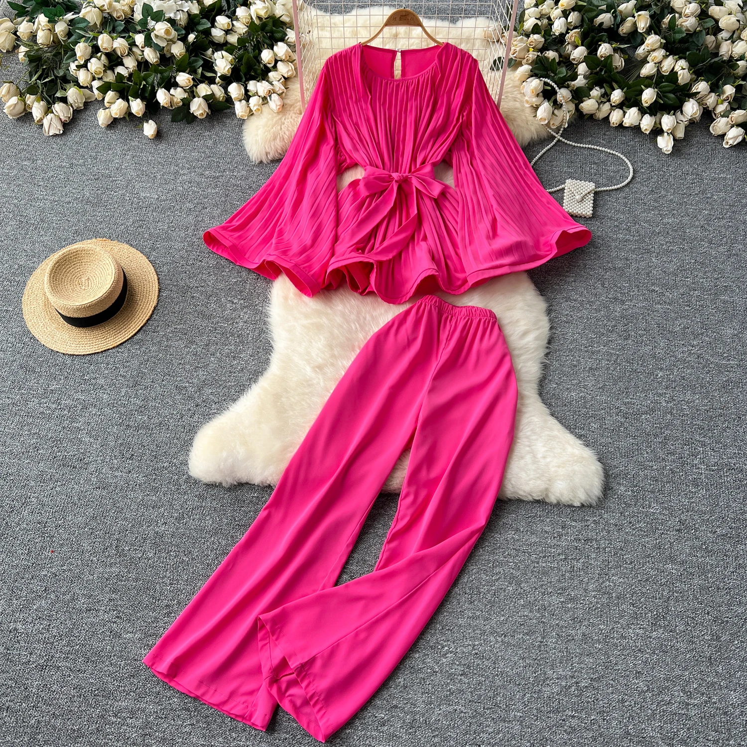 

Women Summer Fashion Set loose lace-up Flare lool Sleeve Top pleated Casual Pants sweet Two Piece