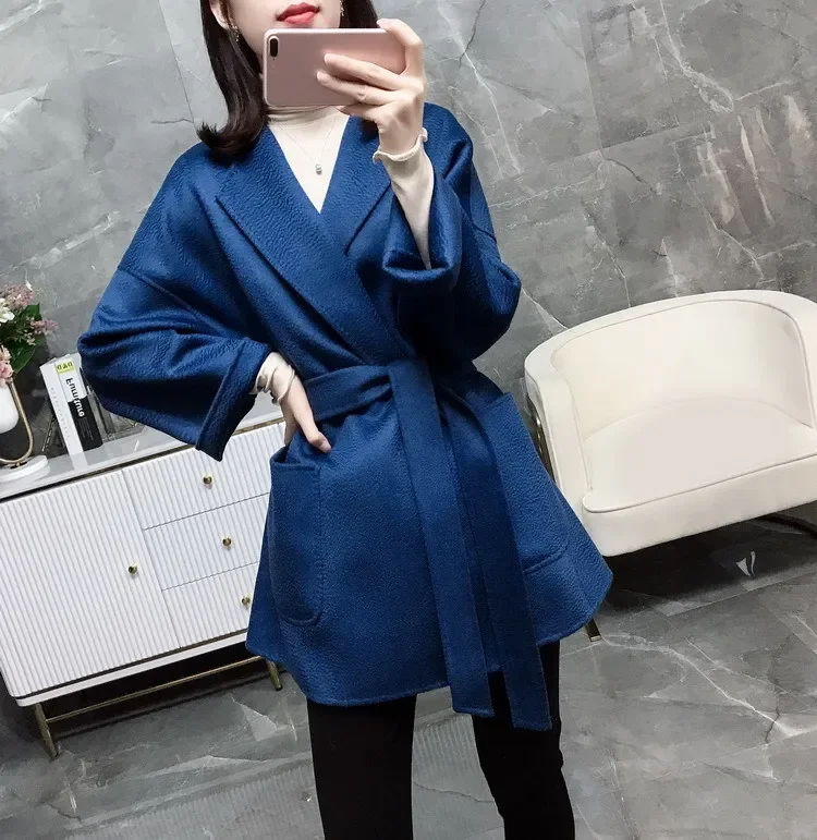 

Atmospheric simple style temperament elegant water ripple double-sided woolen coat coat women's new cashmere coat lace-up