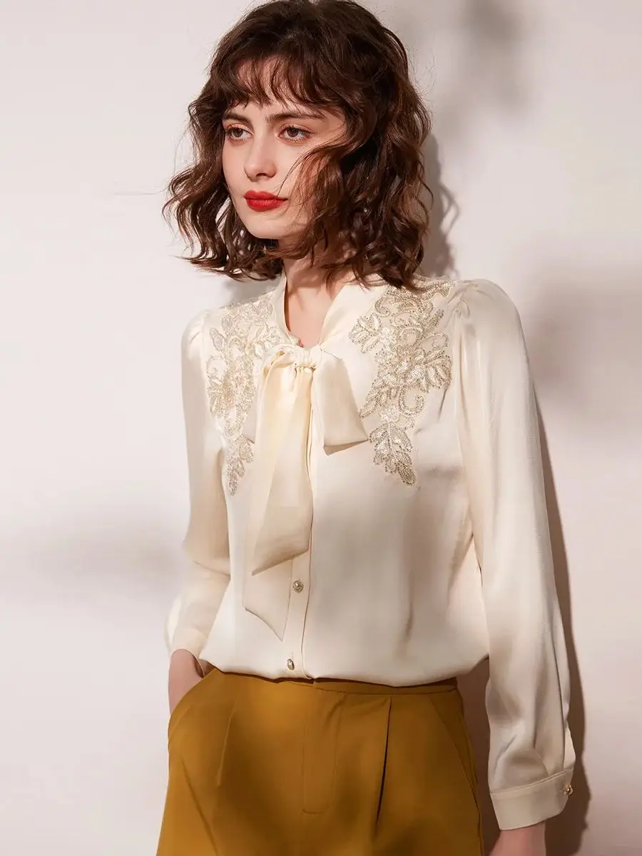 LOUIS YAO Women Shirt 2024 Spring New Elegant Lace-up V Neck Long Sleeve Bead Embroidered Flowers Loose Blouse Women Top