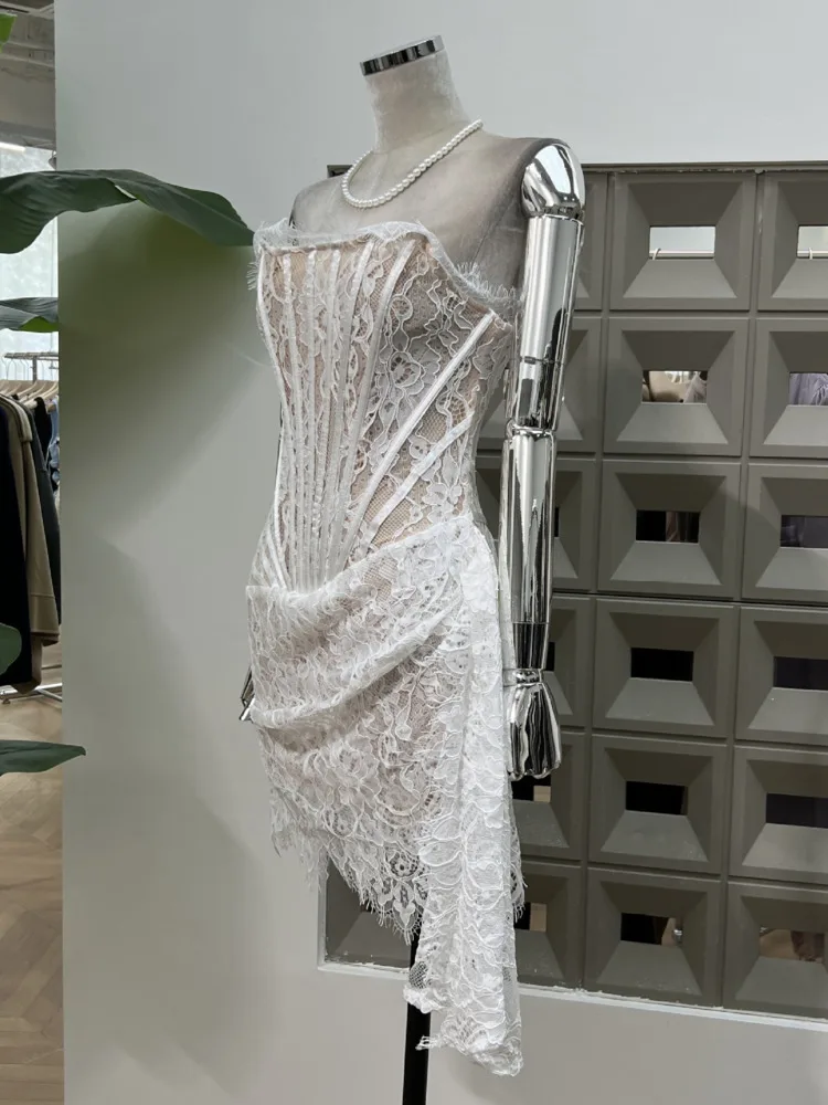 DFDG Women’s Vietnamese Vintage Designer Lace Dress Sheer Strapless Corset Tie Waist Party Spring Summer Evening Events Dress