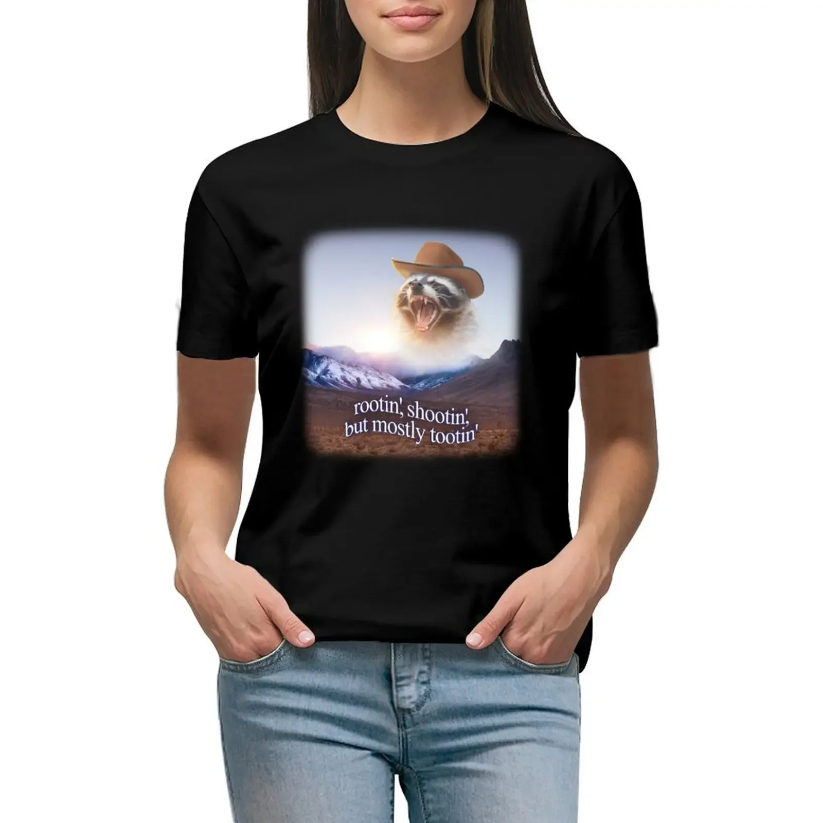 rootin shootin but mostly tootin cowboy raccoon word art T-Shirt vintage clothes customizeds cute tops t shirt for Women