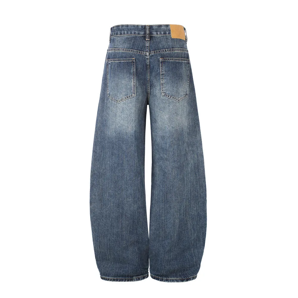 MWJLPWQ Washed Distressed Curved Hem Jeans For Men American Trendy Loose Wide-Leg Pants Vibe Silhouette Casual Trousers 20990