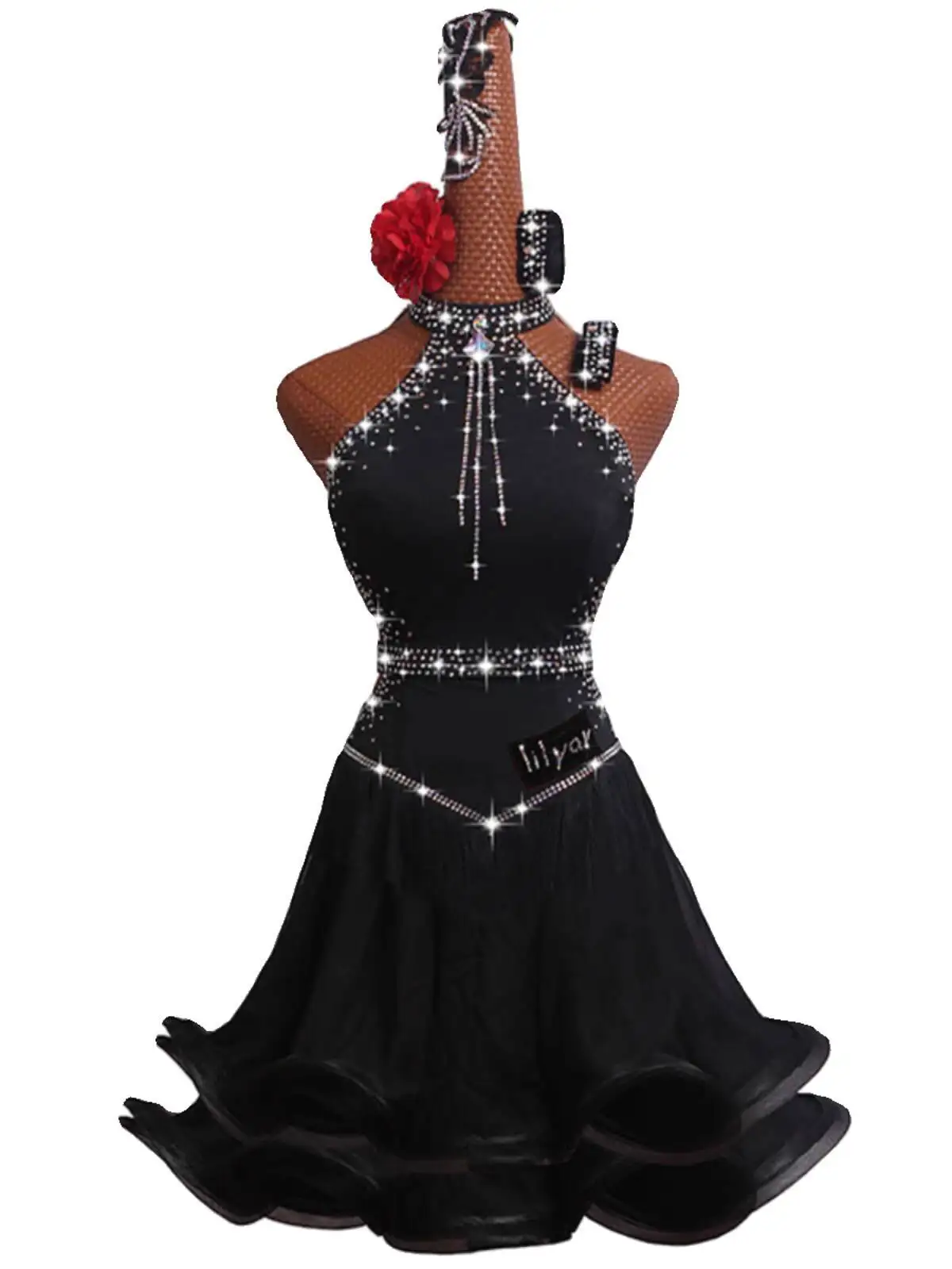 ใหม่ชุดแข่งขันเต้นรำลาตินมาตรฐานชุดแข่งขันมาตรฐานแห่งชาติสีดำสไตล์จีนคอเซ็กซี่ปิดไหล่