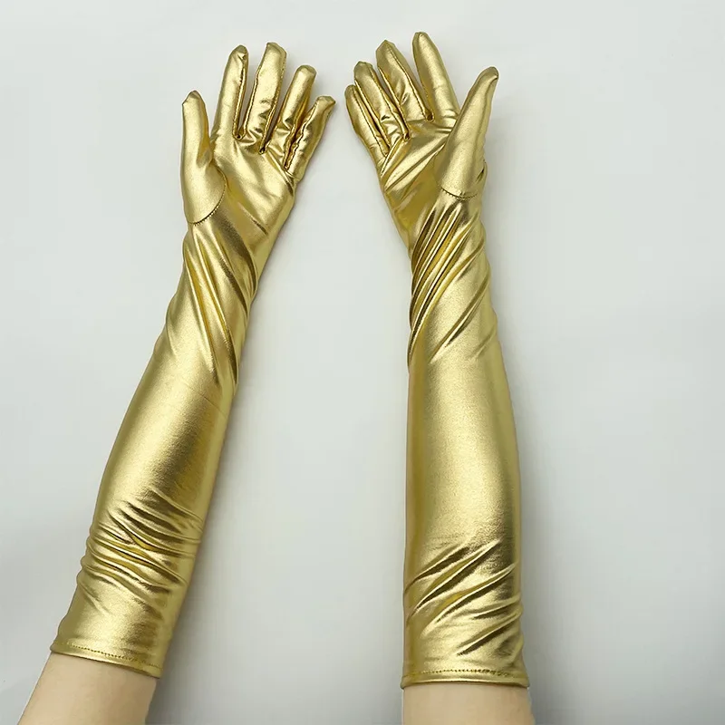 Gold Silver Wet Look Fake Leather Metallic Gloves Evening Party Performance Mittens Women Sexy Elbow Length Long Latex Gloves