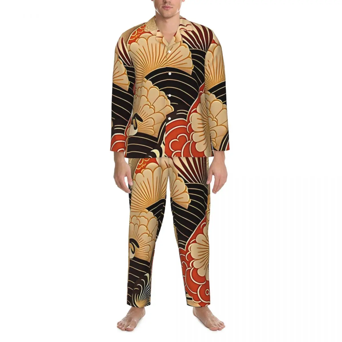 

Vintage Japanese Art Pajama Sets Kimono pattern Cute Soft Sleepwear Couple Long Sleeve Casual Daily 2 Piece Home Suit Big Size