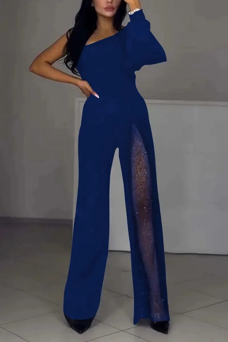 Glittering Mesh One Shoulder One Piece Women's Dresses One Shoulder Sparkly Mesh Flared Jumpsuits Siamese