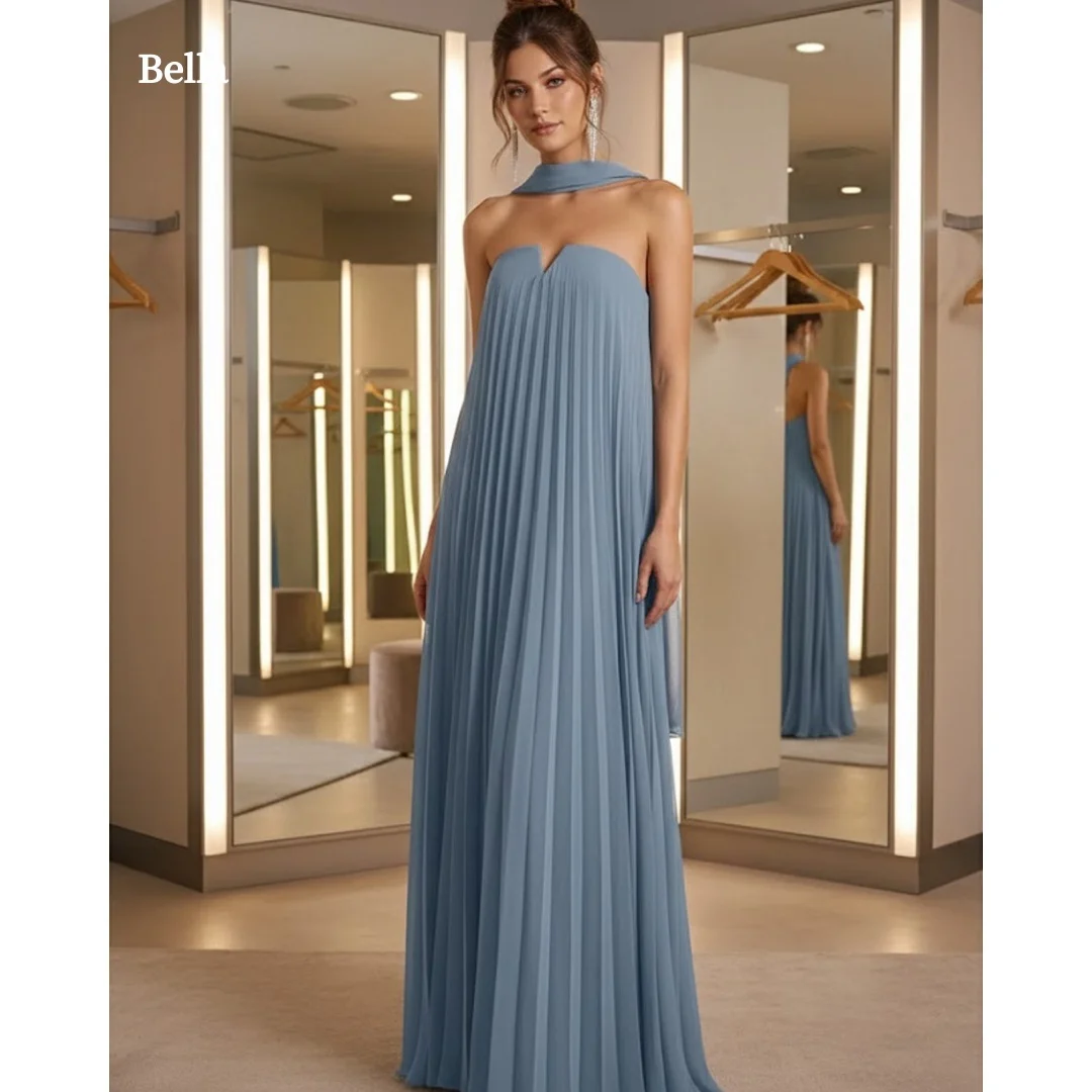 

Bella Customized Dusty Blue Halter Strapless Prom Dress Pleated Chiffon vestidos de noche Formal Evening Elegant Loose Maxi