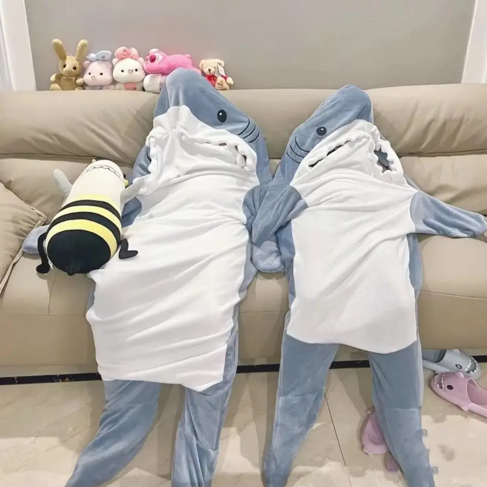 Large Size Thickened Warm Flannel WinterPajamasSharkBlanket Adult Funny Homewear Shark Onesie Sleeping Bag For Children Adult  ﻿