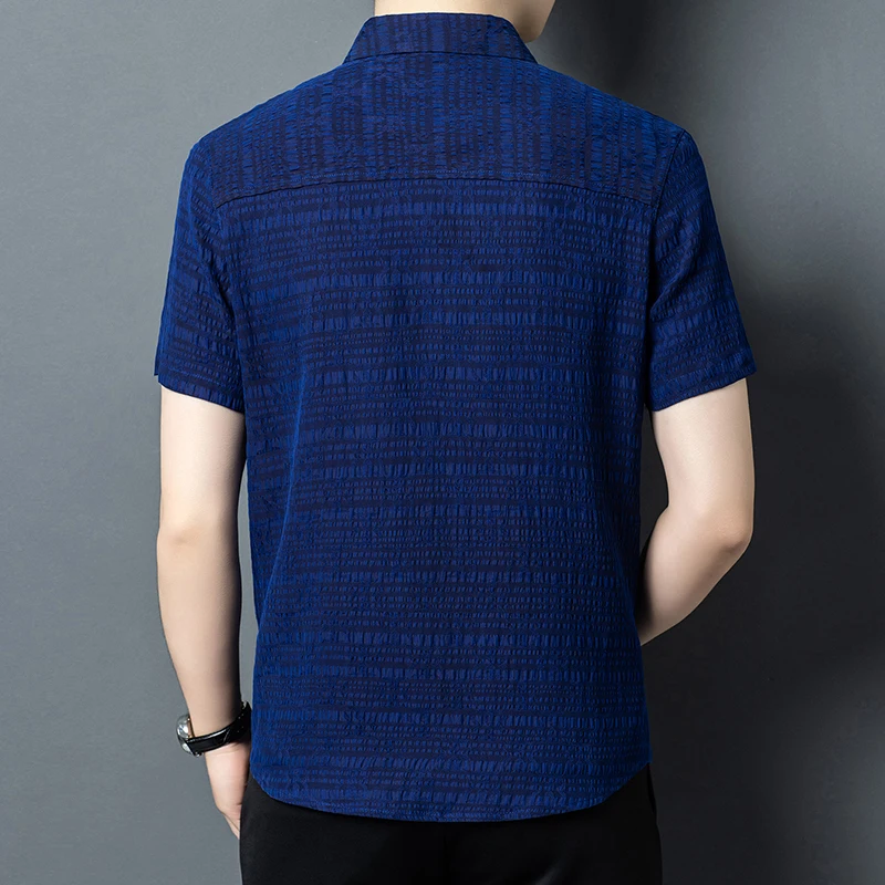 Geniune Silk 100% Blue Shirts For Men Short Sleeve Skin-Fiendly Summer Quality Gambiered Canton Gauze Softness Camisas De Hombre