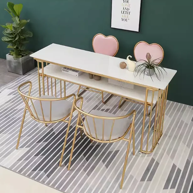 Nordic Simple Double-layer Marble Nail Art Table and Chair suit Single Double Gold Wrought Iron nail table