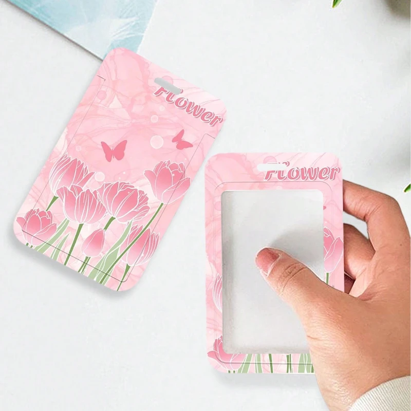 Pink Flower Pattern Card Holder with Retractable Elastic Rope for Bus Card Protection Cover, Meal Card Cover, Student ID Cover