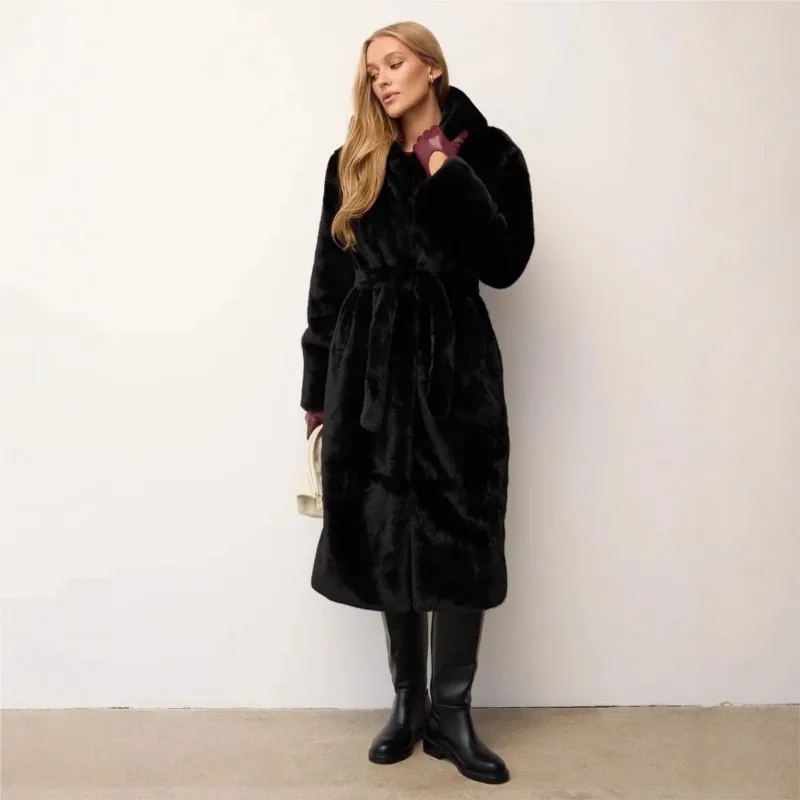 New mixed fur coat for women long hooded and belted artificial