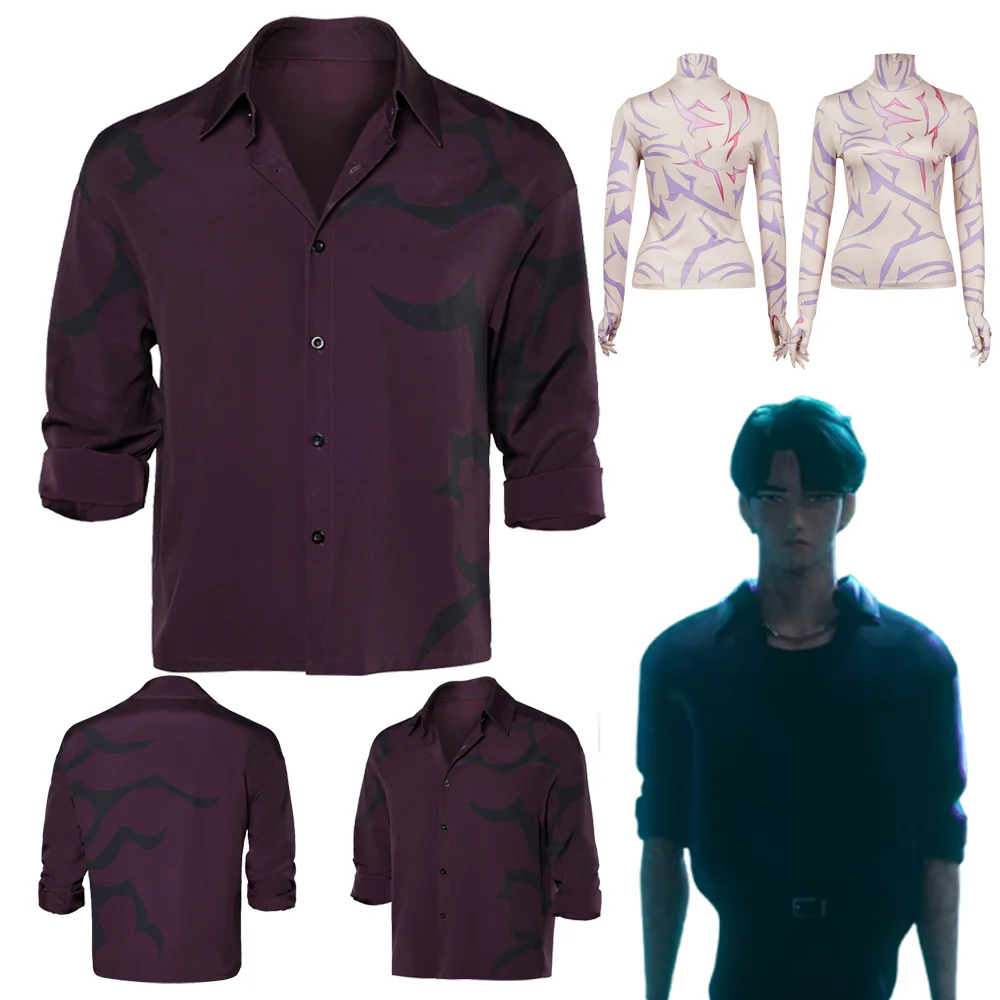 Kpop Demon Hunters Saja Boys Jinu negro púrpura impreso camisa Cosplay disfraces diarios peluca collar pendiente traje juego de rol Halloween