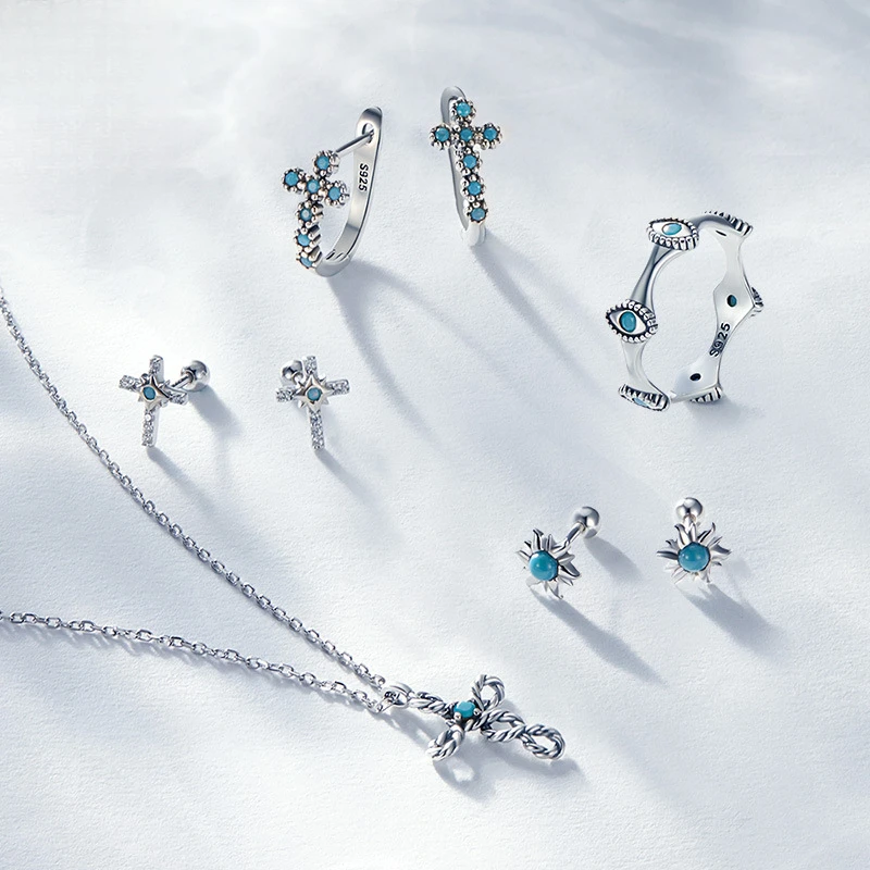 

Серьги-крестики Lucky Eye из стерлингового серебра S925, комплект колец, синий бирюзовый циркон, ожерелье, аксессуары, гипоаллергенное серебро