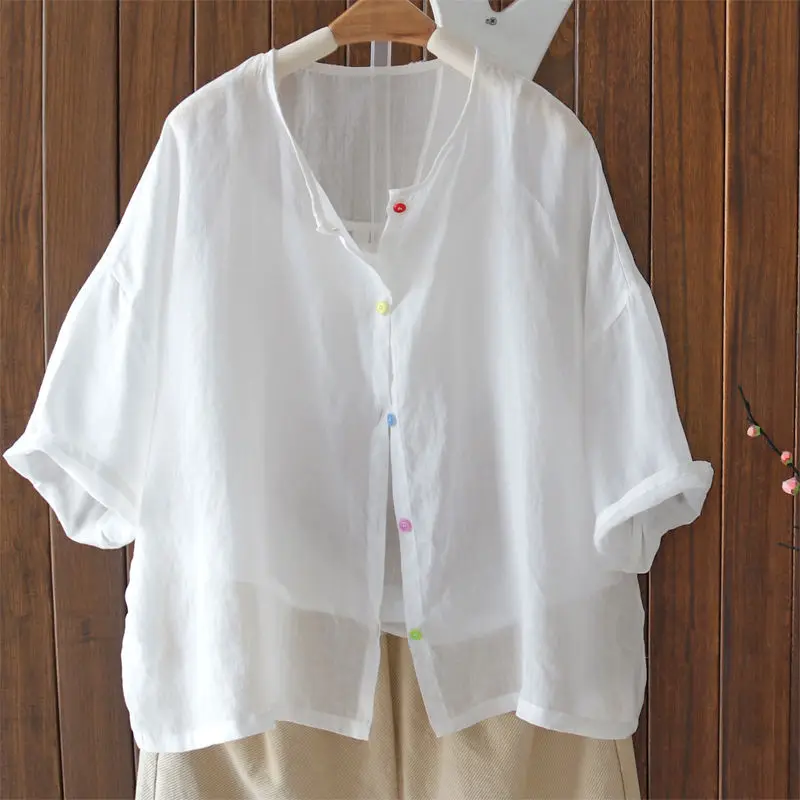 Elegante Losse Kantoor Dames Kleding Mode Casual Eenvoud Korte Mouw Comfortabele Effen Kleur Knop Zomer Blouses