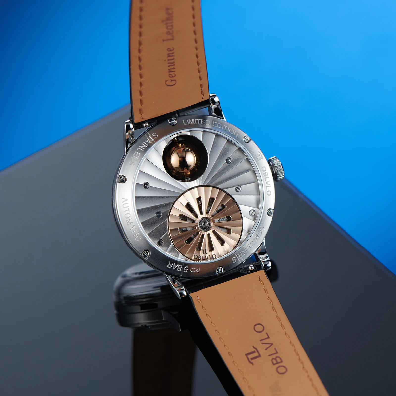 OBLVLO Mens 316L Stainless Steel Mechanical Automatic Watch Hollow Starry Sky 24-Hour Display Leather Strap Classic Wristwatch