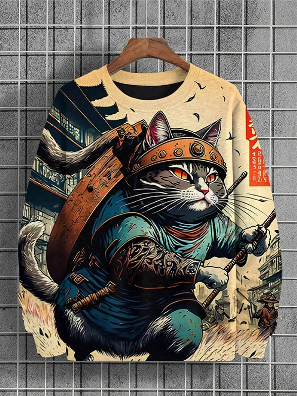 Funny Cartoon Cat Sweatshirts Japanese Art Style Sweatshirt Crew Neck Polyester Loose Hoodie Fashion Street Casual Pullovers Y2k