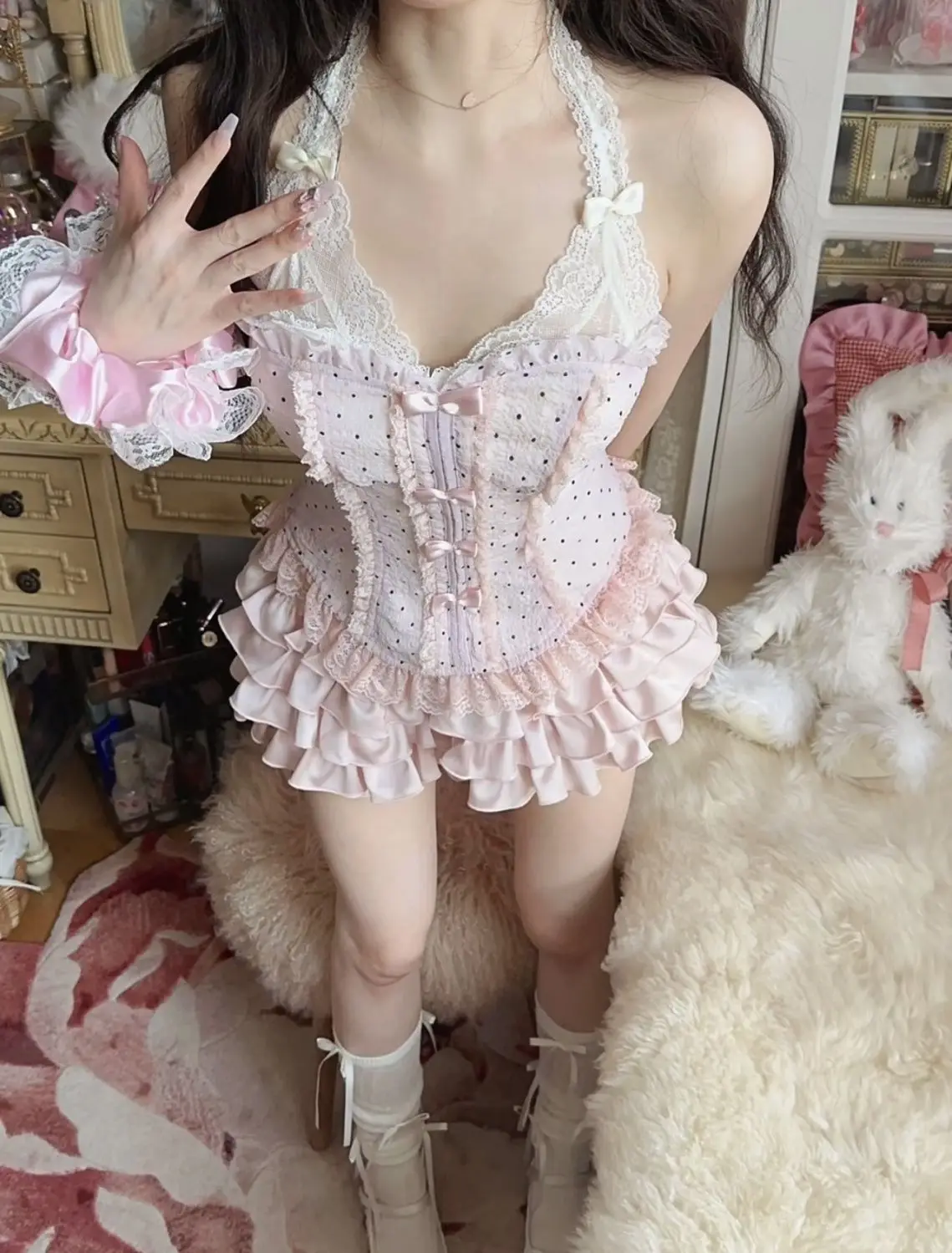 Kawaii Pink Sling Top Tunic for Girl Sexy Streetwear Sweet Cute Camis Lace Short Skirt Clothing Y2K Aesthetic Lolita 2 Piece Set