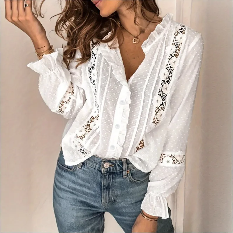 

Autumn New Perspective White Shirt Women Blouse Fashion Casual Ruffles Shirt V Neck Flare Long Sleeve Floral Hollow Out Tops