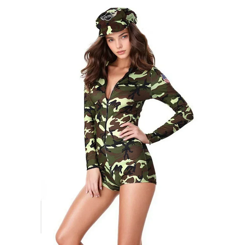 

Women Halloween Army Green Female Officer Camouflage Uniform Women Sexy AMilitary Scouting Jumpsuit Theme Party Cosplay Costume