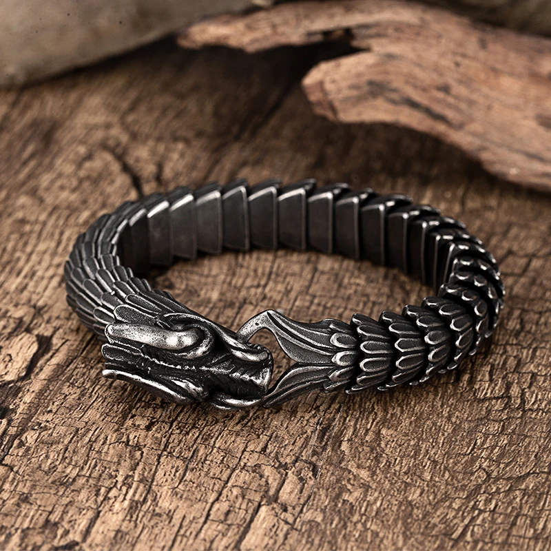 Fashion Dragon Scale Pattern Domineering Bracelet For Men's Retro Stainless Steel Keel Bangle Male Casting Punk Thick Wristband