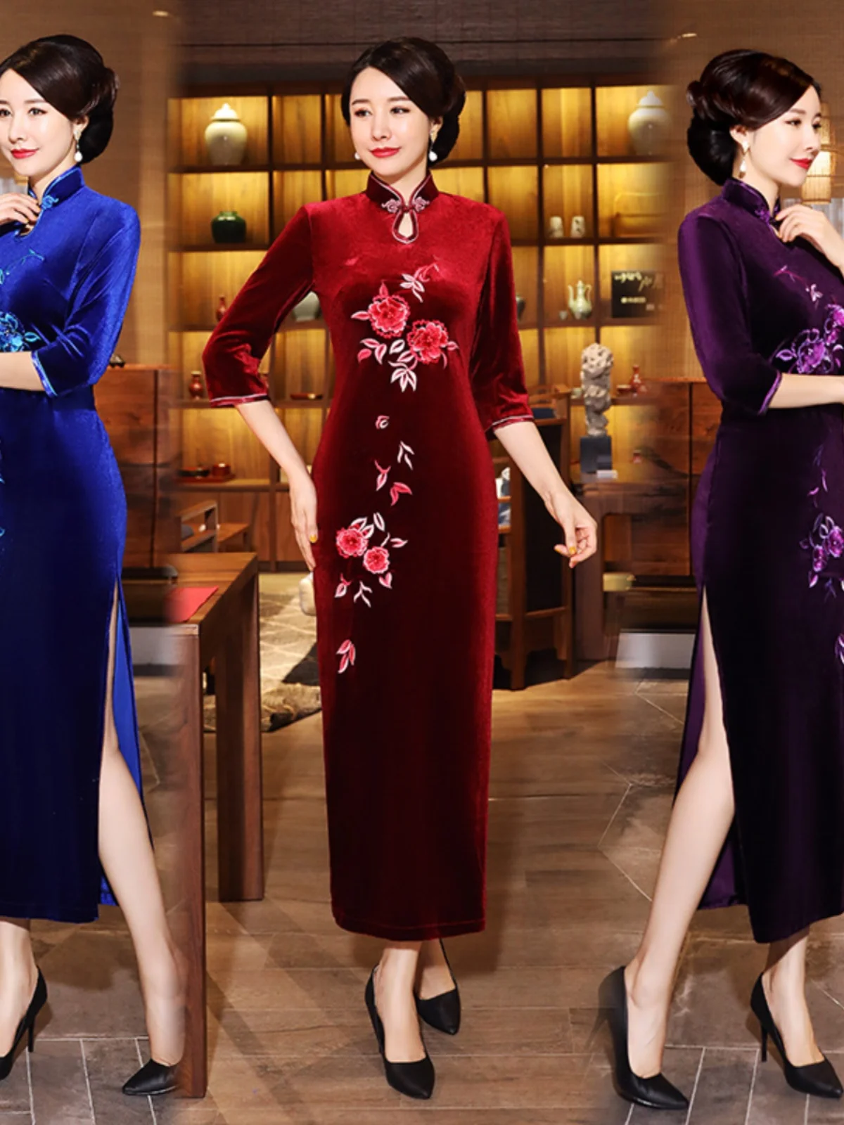 

Retro Embroidered Slim Fit Long Ele National Sle Mid-Length Dr Low Slit for Daily Wear Floral Pattern