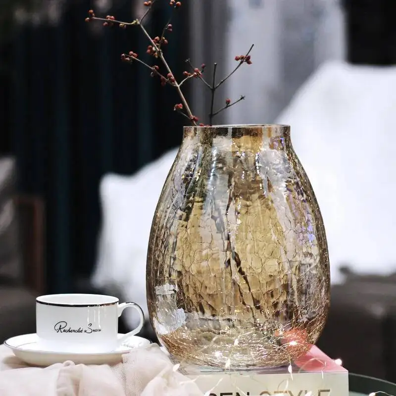 Creative large light luxury cracked ice flower glass vase Liuguang transparent flower ware American home decoration flower