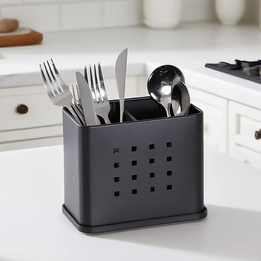 Black Metal Cutlery Drying Holder - Modern Minimalist Style, Multi-Functional Storage for Knives, Forks & Chopsticks