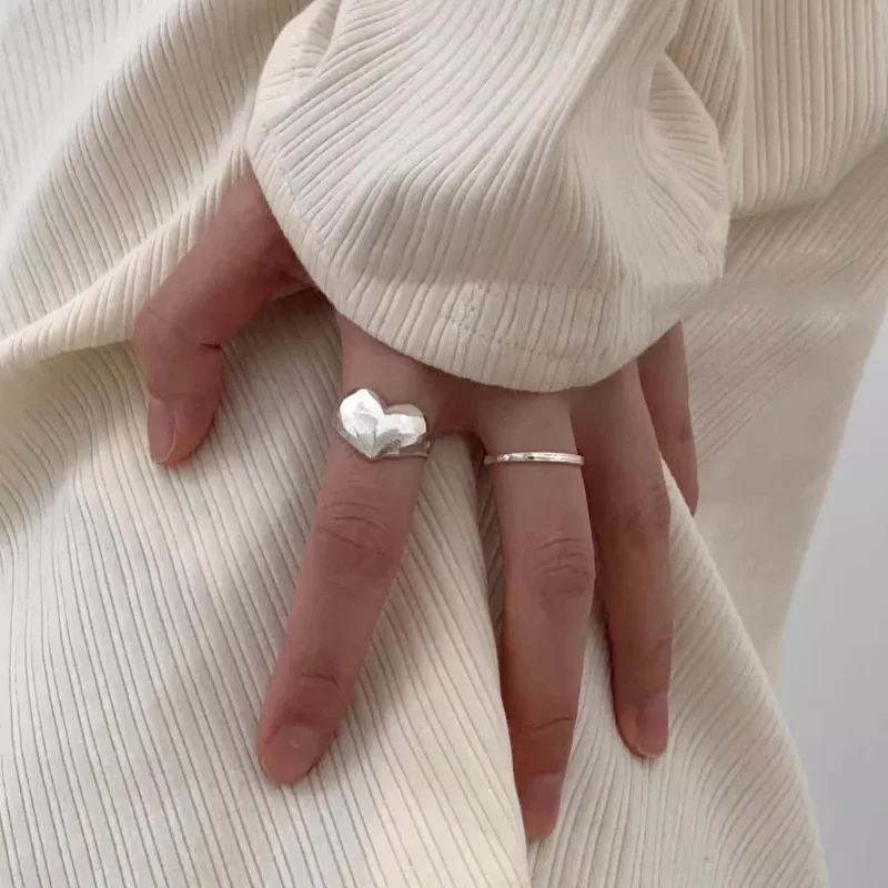 925 Sterling Silver Rings For Women Simple Minimalist Retro Heart Open Finger Ring Fashion Band Female Bijoux Gift