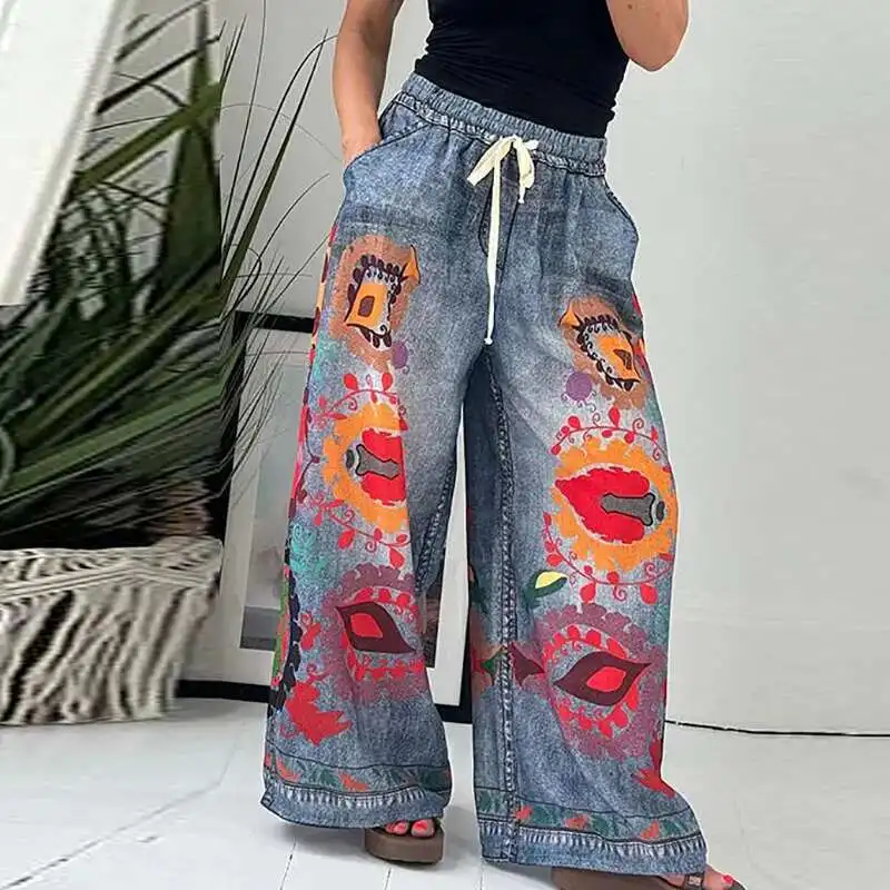 

Women's Bohemian Loose Long Vintage Pattern Printed Elastic Waist Trousers New 2024 Summer Casual Drawstring Pocket Pants