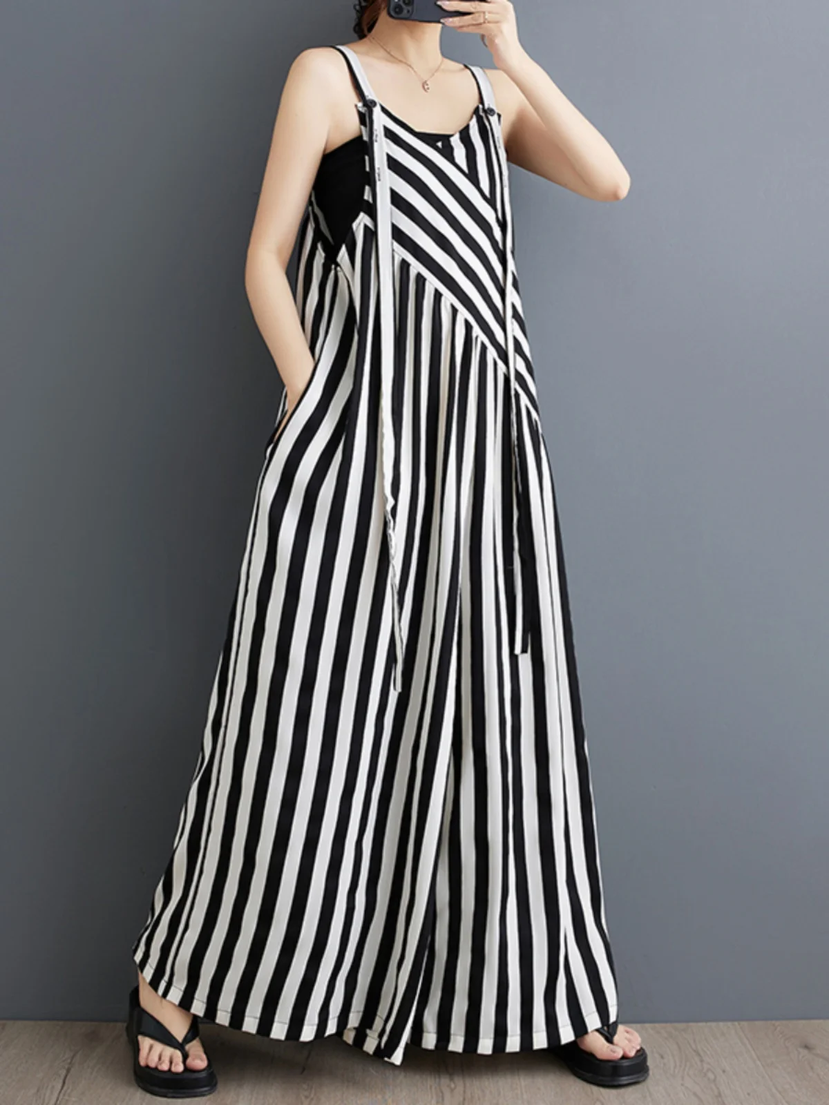 女性ストラップジャンプスーツ夏無地ワイドレッグパンツダンガリーよだれかけオーバーオールカジュアルルーズノースリーブコットンリネンジャンプスーツ Wh4