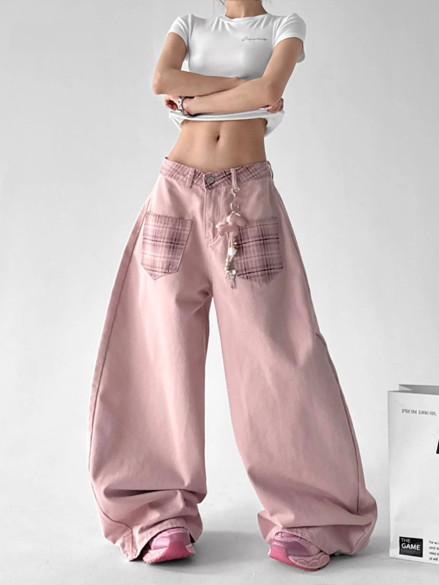 

High Street Unique Design Plaid Patchwork Wide Leg Pants Loose Slimming Floor-Length Denim Spring 2026 Women's Jeans