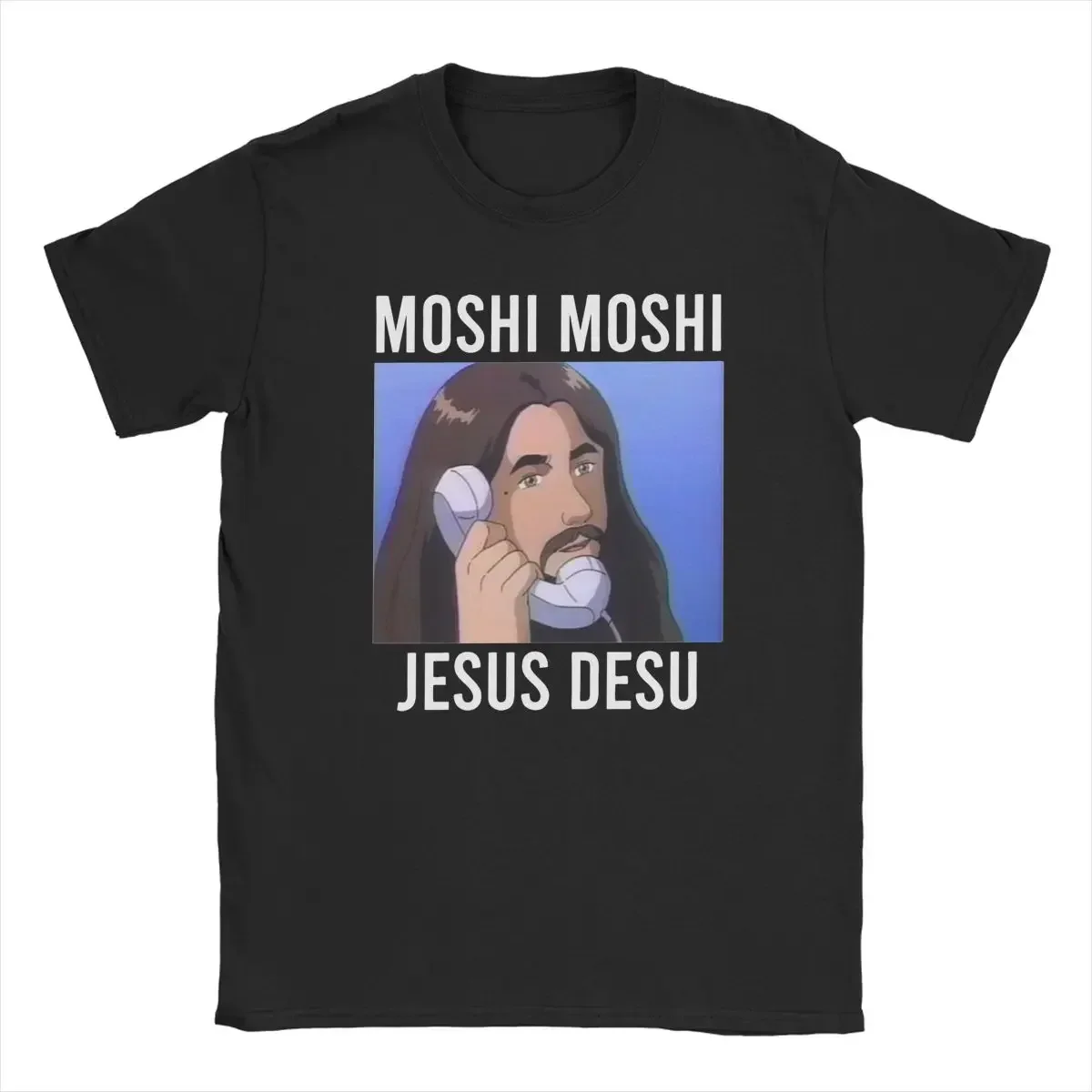 Men's T-Shirt Moshi Moshi Jesus Desu Casual 100% Cotton Tee Shirt Short Sleeve T Shirts Crewneck Tops Gift Idea