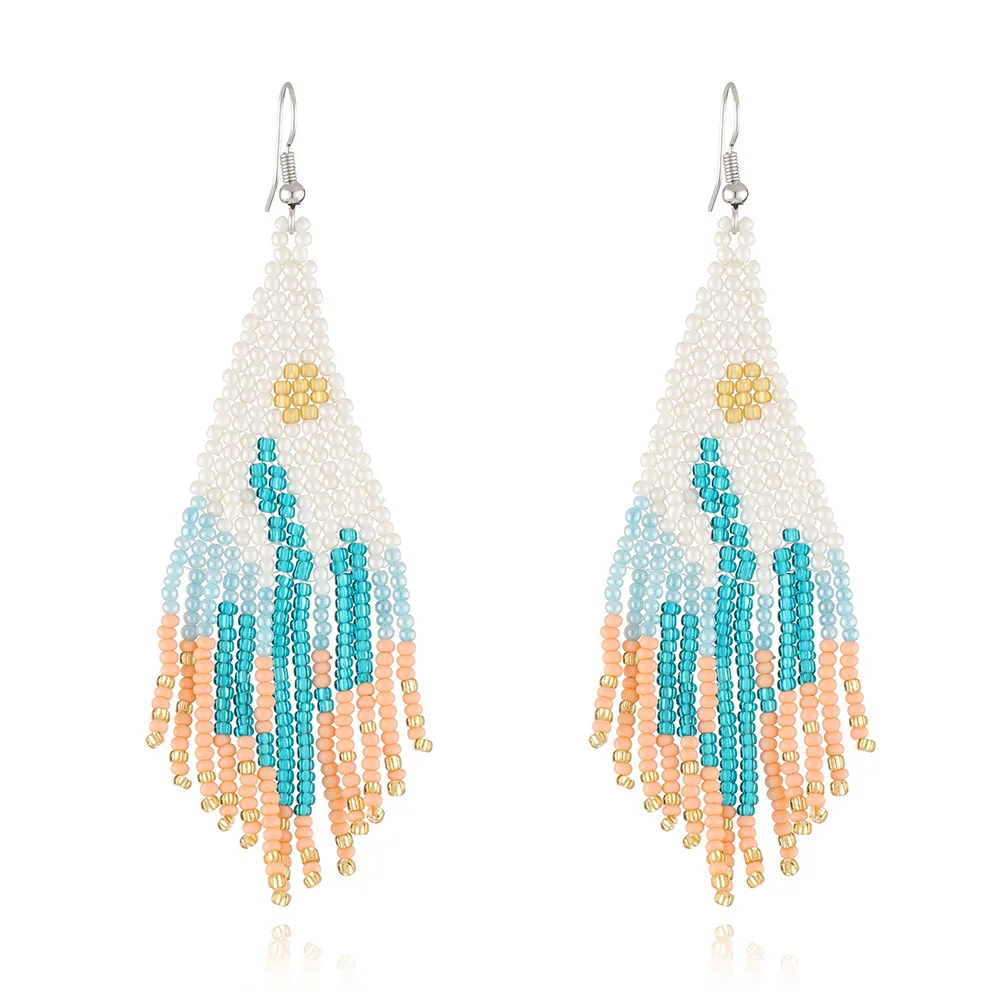 Rice Bead Earrings  Hand Beaded  weave  cactus  new pattern  fashion  Bohemia  geometry  alloy  ma'am  Tassel Earrings image 5