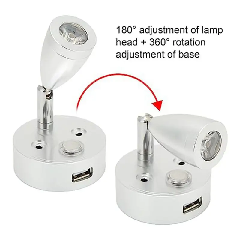 Classy-Rotating Reading Light Car Rotating Wall Light Touch Dimming RV Light Charging Port Boat Yacht RV Warm White (Silver)