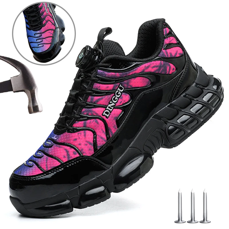 Zapatos de seguridad talla 47 48 para hombre, zapatos de trabajo con punta de acero antigolpes y antipinchazos, botas protectoras de seguridad con botón giratorio