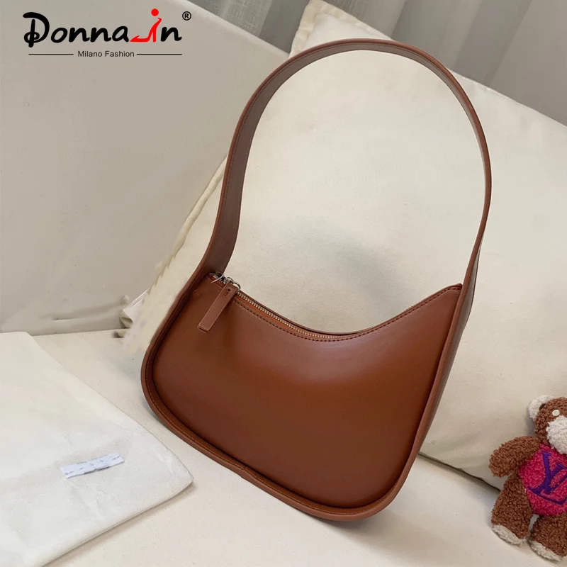 Donna-in First Layer Cowhide Leather Tote Moon-shaped Women Handbag Underarm Fashion Mini Totes Bag