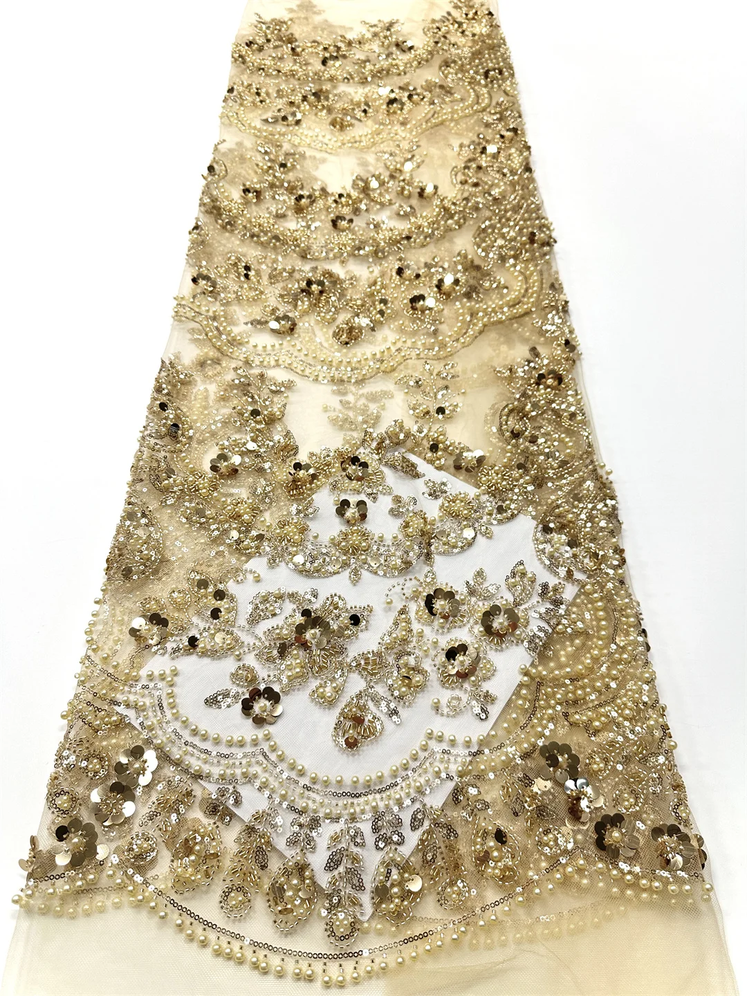 

High-end Heavy Beaded Lace Fabrics Gold African Sequins Embroidery French Tulle Groom Lace Fabrics For Sewing Wedding Dresses